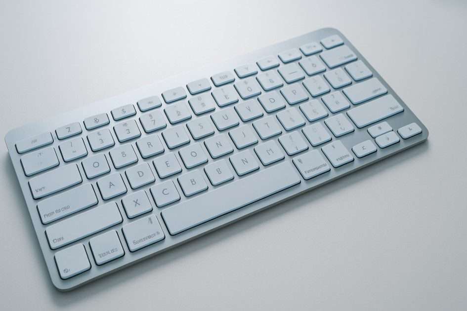 Modern computer keyboard on a desk – showing keys, backlight, and input device used for typing and commands.