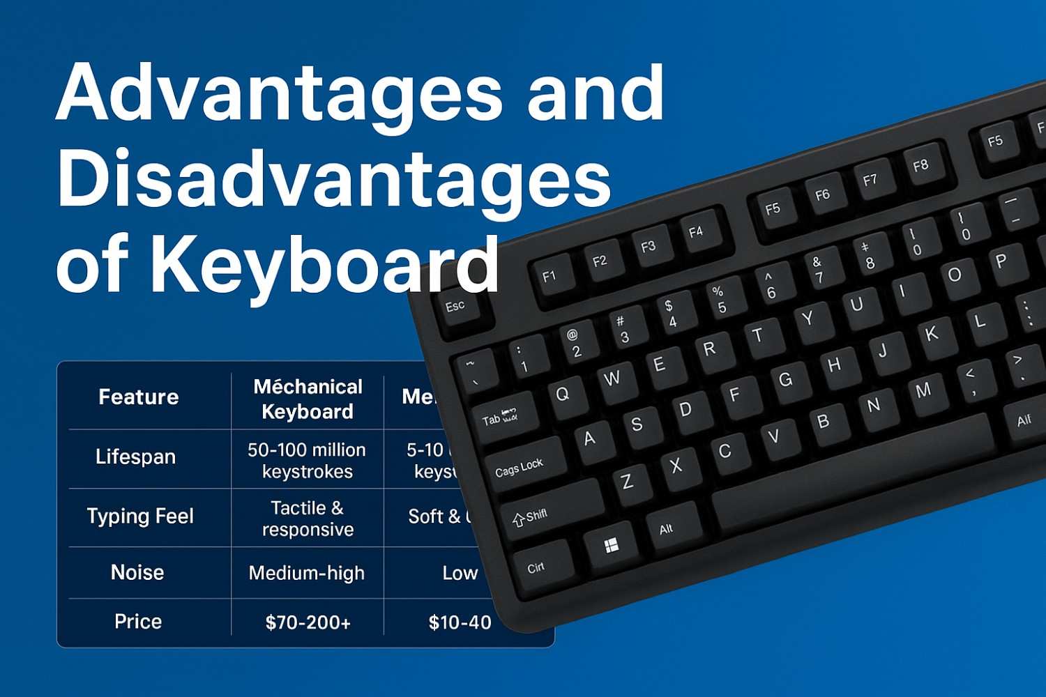 Advantages and Disadvantages of Keyboard illustrated with a modern computer keyboard and comparison elements on a clean blue background.